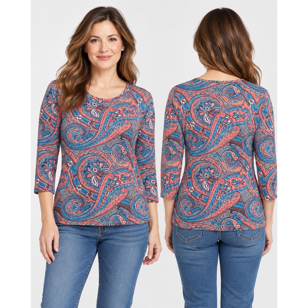 J.McLaughlin Womens Small Paisley Print Long Sleeve Crew Neck Top Blue Coral